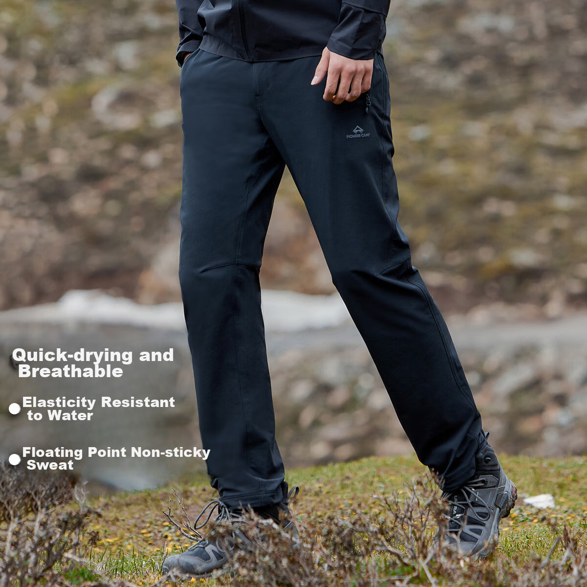 Pioneer Camp Cat Quick-Dry Pants for Men, Spring And Autumn Outdoor Hiking Trousers, Straight-Leg Long Pants, Breathable, Black, Size L