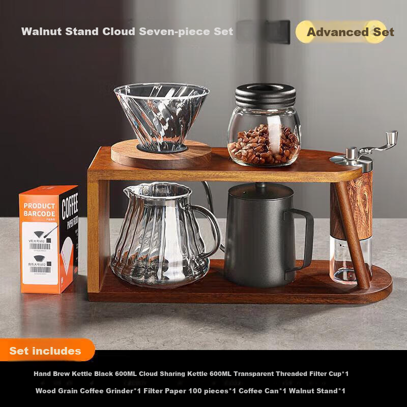 PAKCHOICE Pour-Over Coffee Maker Set with Hand Grinder, Walnut Wood Stand, Home Coffee Brewing Equipment Kit