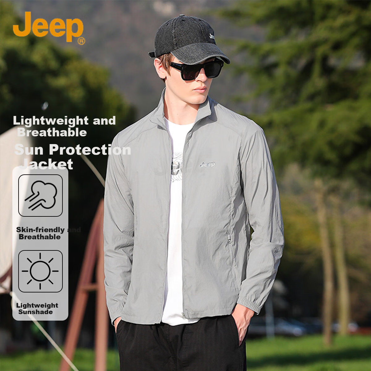 JEEP Lightweight Sunscreen Summer Breathable Skin Jacket Outdoor Casual Stand Collar Sports Jacket Men Light Grey 3XL