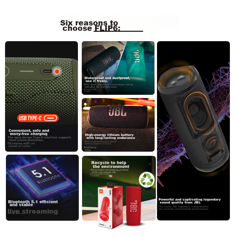 JBL FLIP6 Music Kaleidoscope Sixth Generation, Flip5 Upgraded Version, Portable Bluetooth Speaker, Desktop Speaker, Racing Speaker, Independent Tweeter, Smoke Gray