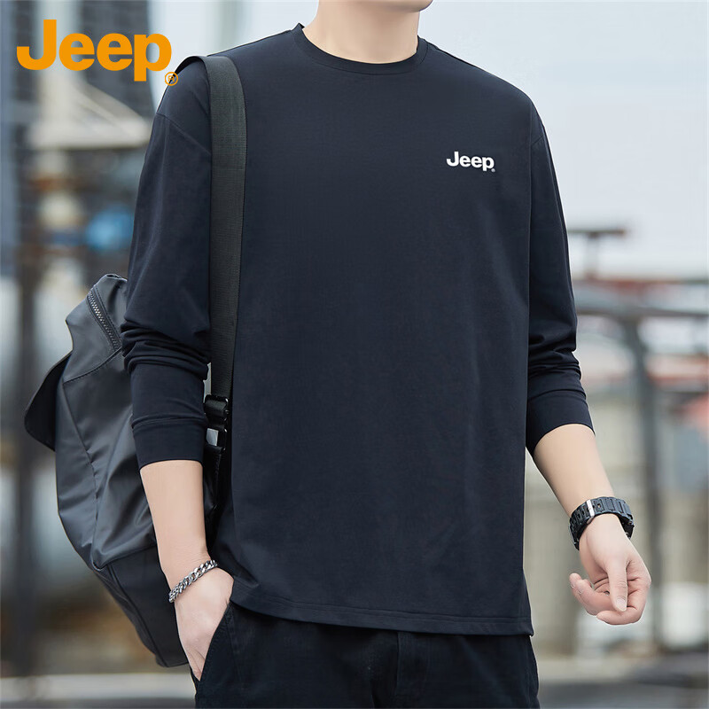 JEEP Men's Long Sleeve T-shirt Spring Summer Loose Casual Top Men's Round Neck Undershirt Men's Clothing Black 3XL