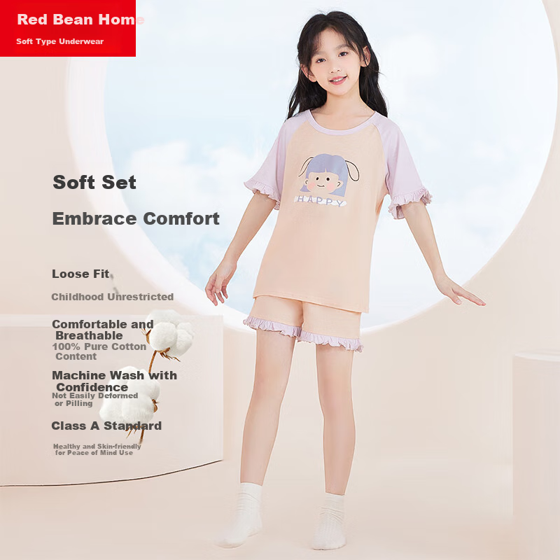 Hodohome Children's Pajamas Girls Summer Pure Cotton Home Wear Short Sleeve Shorts Air Conditioning Suit Set 316 160