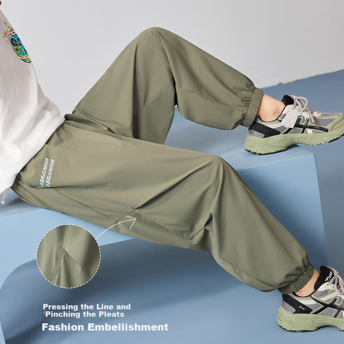 ASK JUNIOR Boys' 2025 Summer Casual Loose-Fit Cool Sports Pants Children's Cuffed Pants Army Green 160