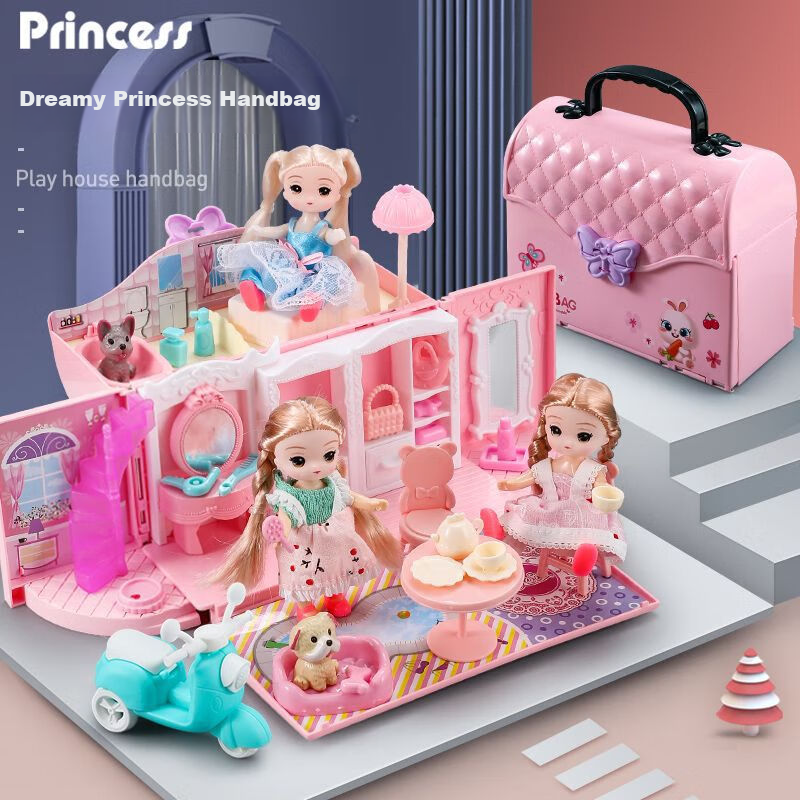 Shangmeibeibei Children's Pretend Play Toy House Handbag Princess Bedroom Dollhouse for Girls 3-6 Birthday Gift New Year