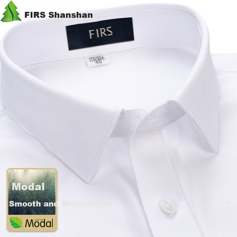FIRS Modal Long Sleeve Dress Shirt for Men, Wrinkle-Free Casual Business High-Quality Easy-Care Shirt, White, Size 42