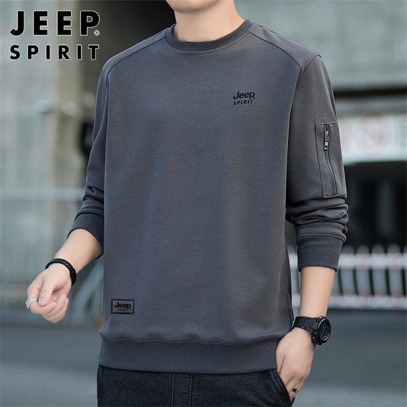 JEEP SPIRIT Men's Sweatshirt, Spring And Autumn Men's Clothing, Long-Sleeve T-Shirt, Loose-Fitting Korean-Style Trendy Top Jacket, Dark Gray, 2XL