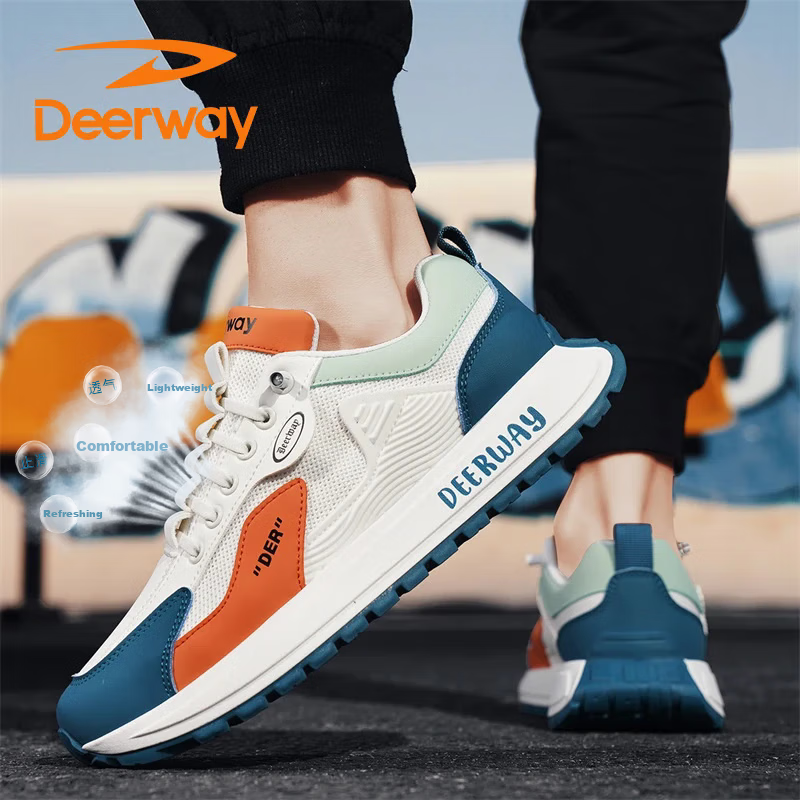 DEERWAY Men's Dad Shoes 2025 Summer Mesh Sneakers Men's Casual Breathable Sports Running Shoes White Green Orange 41