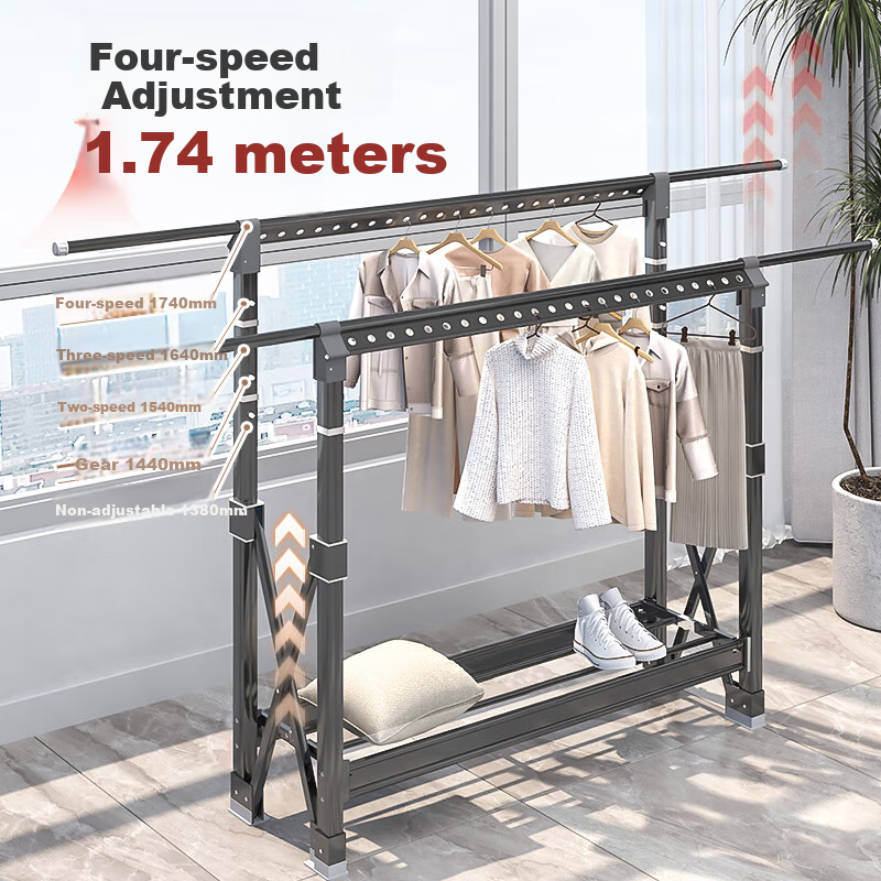 Chuangshuo Floor-standing Folding and Telescopic Balcony Clothes Drying Rack with H-shaped Gray Adjustable Large Wheels, No Installation Required
