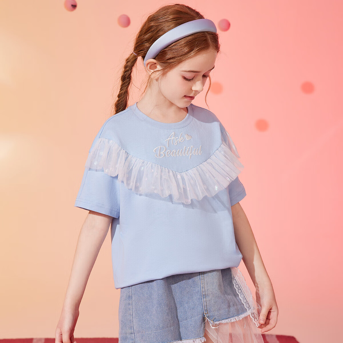 ASK JUNIOR Girls' Short-Sleeve T-Shirt, 2025 Summer, for Older Children, Mesh Letter Print Undershirt, Blue, Size 120