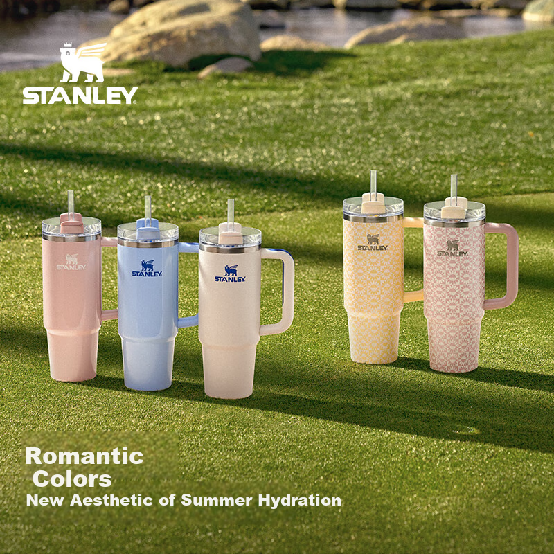 STANLEY Giant Straw Cup Water Bottle Large Capacity Stainless Steel Insulated Cup for Office 887ML - Peach Sunflower